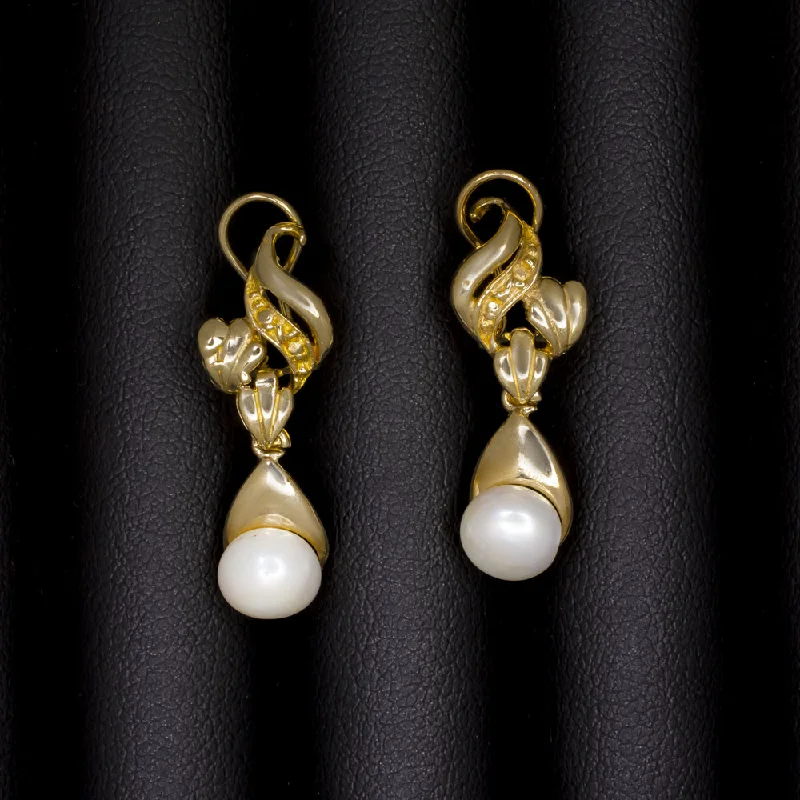 women’s flower earrings-PEARL SOLID 14k YELLOW GOLD DANGLE EARRINGS DROP SWIRL ESTATE WEDDING JEWELRY