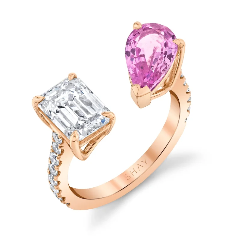 women’s unique engagement rings-PINK SAPPHIRE PEAR & DIAMOND EMERALD TWIN RING