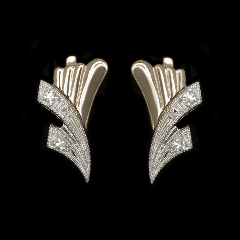 women’s crystal earrings-MID CENTURY VINTAGE DIAMOND EARRINGS 14k TWO TONE ROSE WHITE GOLD SOVIET ESTATE