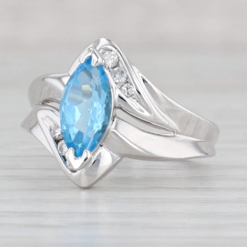 women’s solitaire round engagement rings-1.40ctw Marquise Blue Topaz Diamond Ring 14k White Gold Size 5.25 Bypass