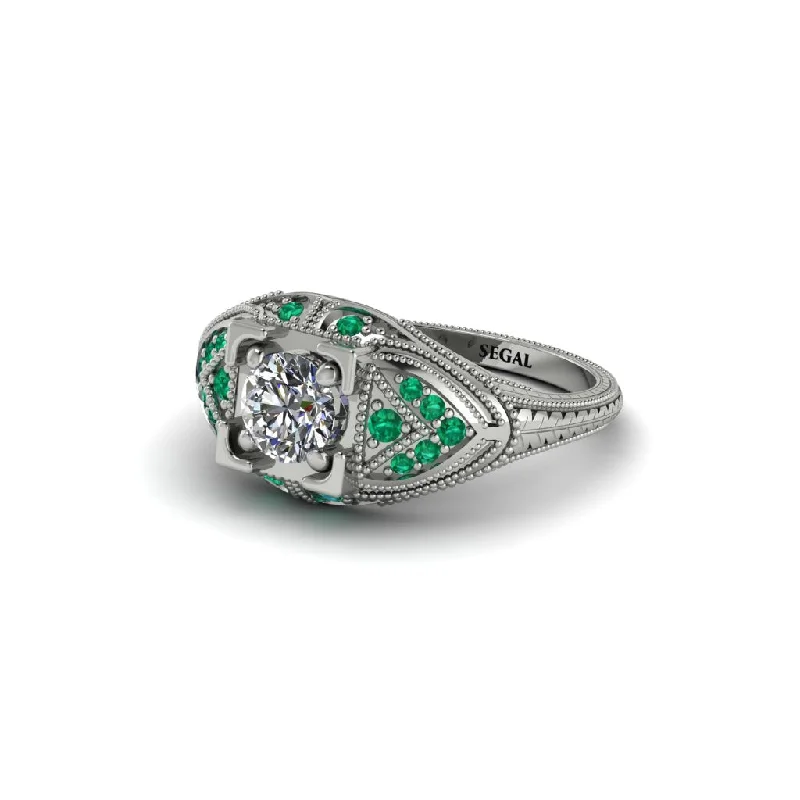 women’s emerald engagement rings-Round Diamond Filigree Art Deco Vintage Engagement Ring - Bree No. 18