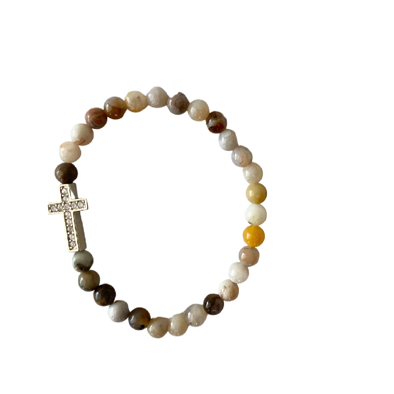 women’s chunky gold bracelets-Small Silver Pave Cross Bamboo Agate 6mm Bracelet