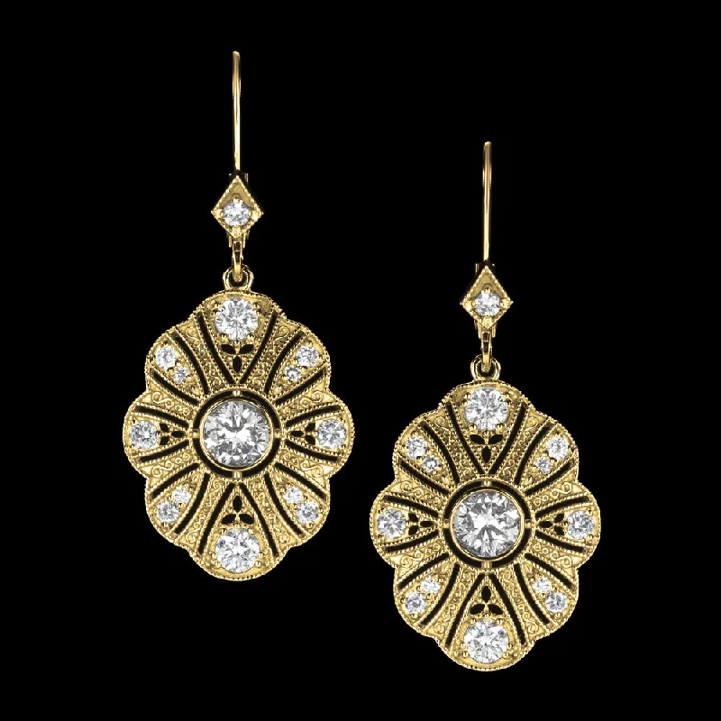 women’s gemstone dangly earrings-1.5ct NATURAL DIAMOND DANGLE EARRINGS VINTAGE STYLE DROP 14k YELLOW GOLD SCALLOP