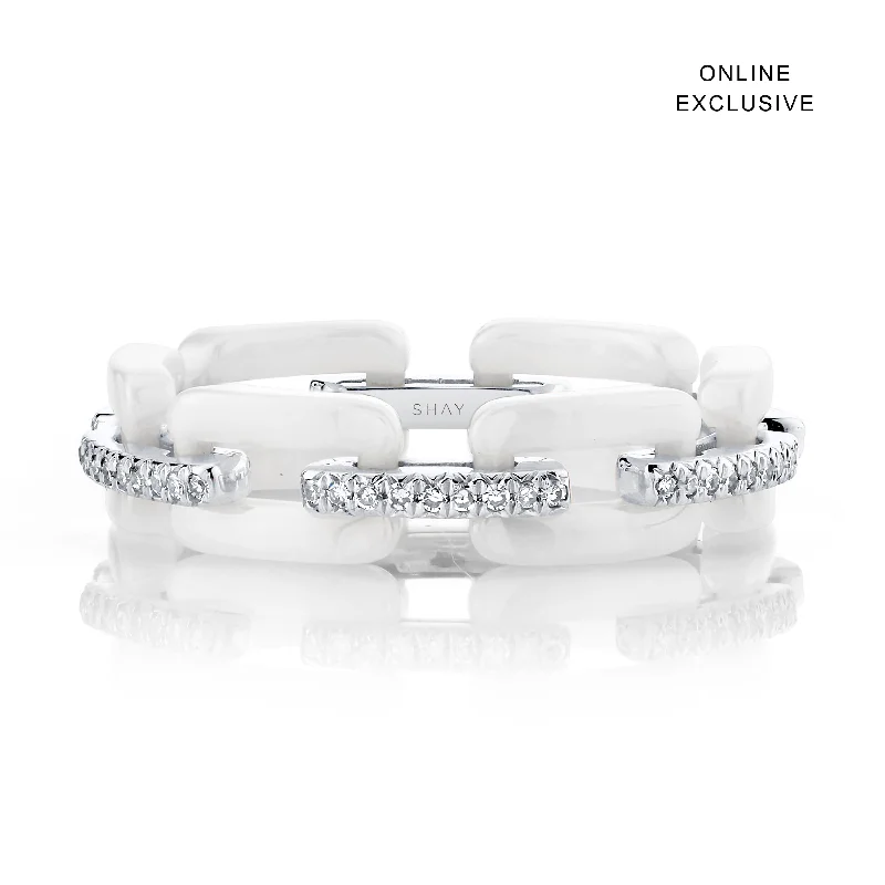 women’s stackable gemstone rings-DIAMOND PAVE WHITE CERAMIC MINI DECO LINK RING