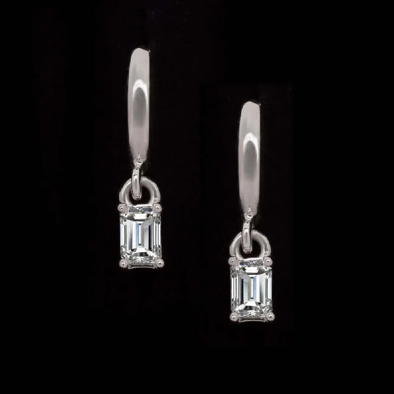 women’s double stud earrings-DIAMOND DROP EARRINGS HUGGIE HOOP CHARM EMERALD CUT MINIMALIST 14k WHITE GOLD