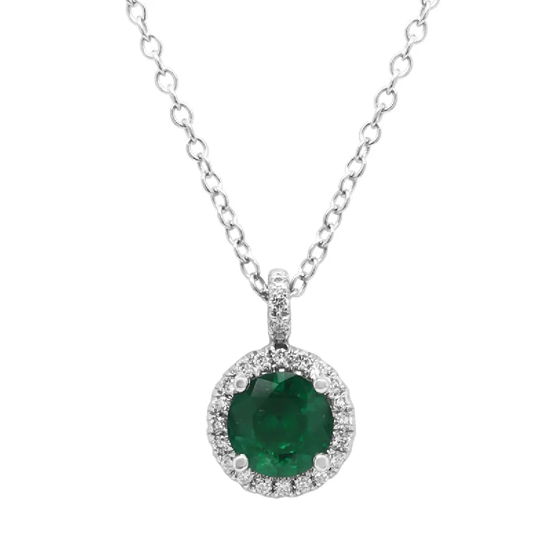 women’s geometric necklaces-Emerald and Diamond Halo Pendant Necklace