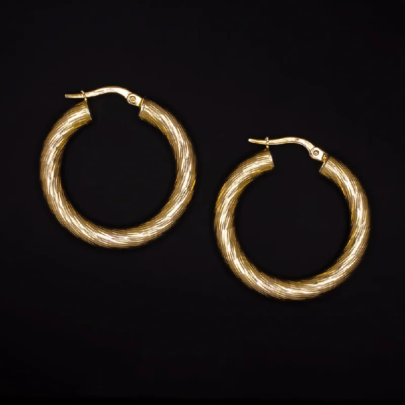 women’s sterling silver hoop earrings-SOLID 14K YELLOW GOLD ITALIAN HOOP EARRINGS 1in CLASSIC THICK TEXTURED JEWELRY