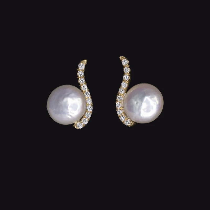 women’s trendy drop earrings-COIN PEARL DIAMOND DROP EARRINGS 18k YELLOW GOLD DESIGNER STUD NATURAL BUTTON