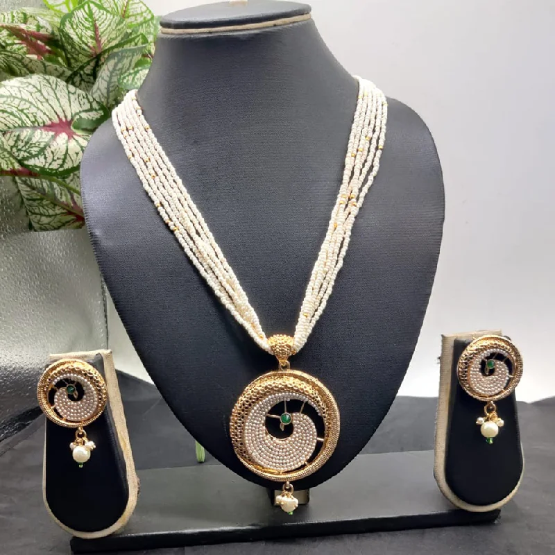 women’s layered gold necklaces-Kavita Art Gold Plated Pota and Pearls Long Necklace Set