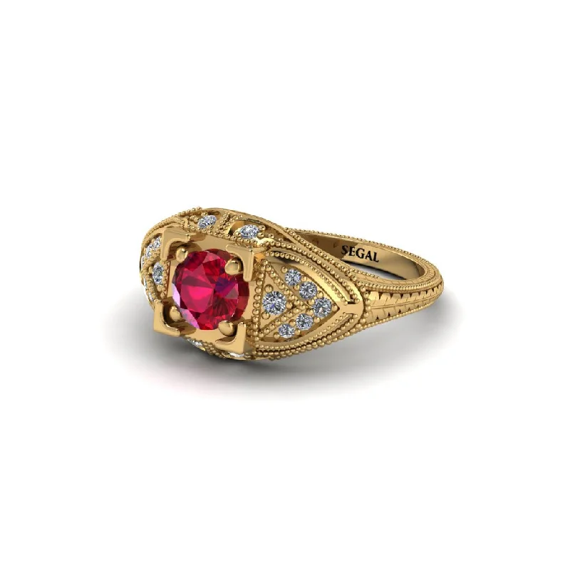 women’s three-stone engagement rings-Round Ruby Filigree Art Deco Vintage Engagement Ring - Bree No. 10