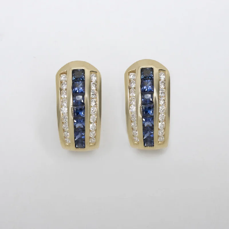 women’s chandelier earrings-2.10ct SAPPHIRE DIAMOND HUGGIE EARRINGS CHANNEL SET HOOP 14k YELLOW GOLD NATURAL