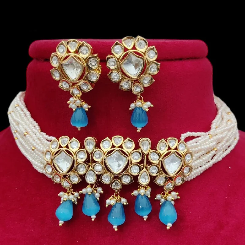 women’s colorful necklaces-Jewel Addiction Gold Plated Pearl And Polki Kundan Choker Necklace Set