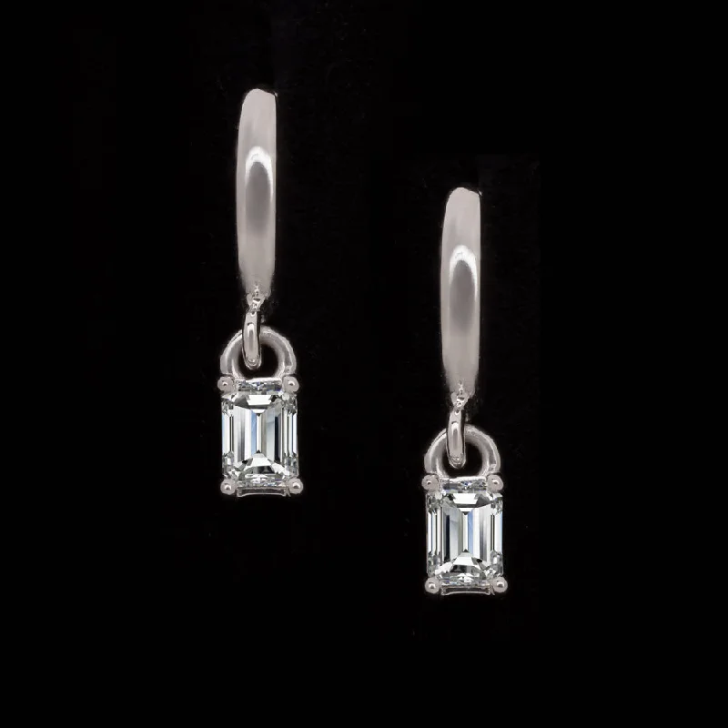 women’s vintage earrings-LAB CREATED DIAMOND DROP EARRINGS HUGGIE HOOP CHARM EMERALD CUT MINIMALIST 14k