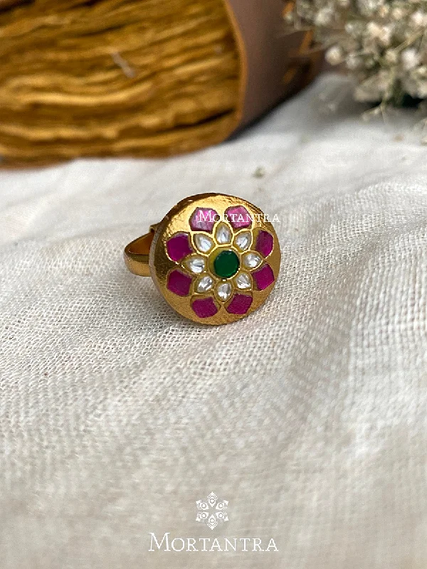 women’s rose gold engagement rings-Multicolor Gold Plated Thappa Jadau Kundan Ring - TJ-R41M