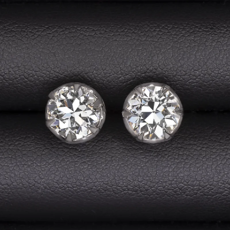 women’s statement earrings-3.5 CARAT OLD EUROPEAN CUT DIAMOND STUD EARRINGS I-J VS1 VINTAGE 14k WHITE GOLD