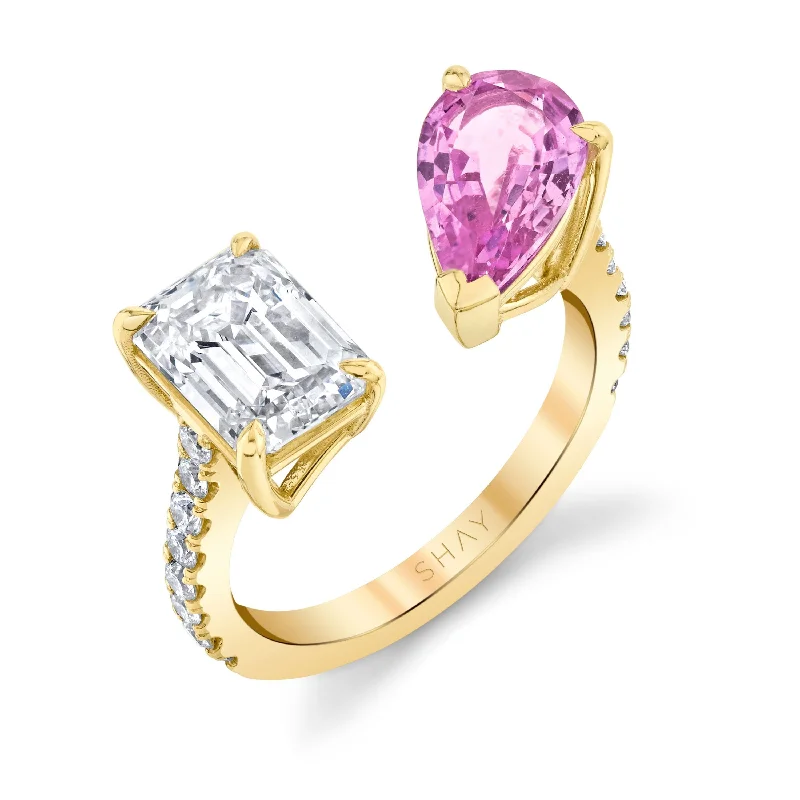 women’s boho rings-READY TO SHIP PINK SAPPHIRE PEAR & DIAMOND TWIN RING