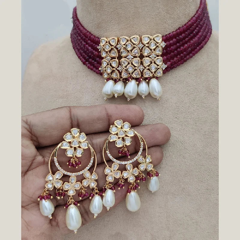 women’s gemstone necklaces-Jewel Addiction Gold Plated Pearl And Polki Kundan Choker Necklace Set