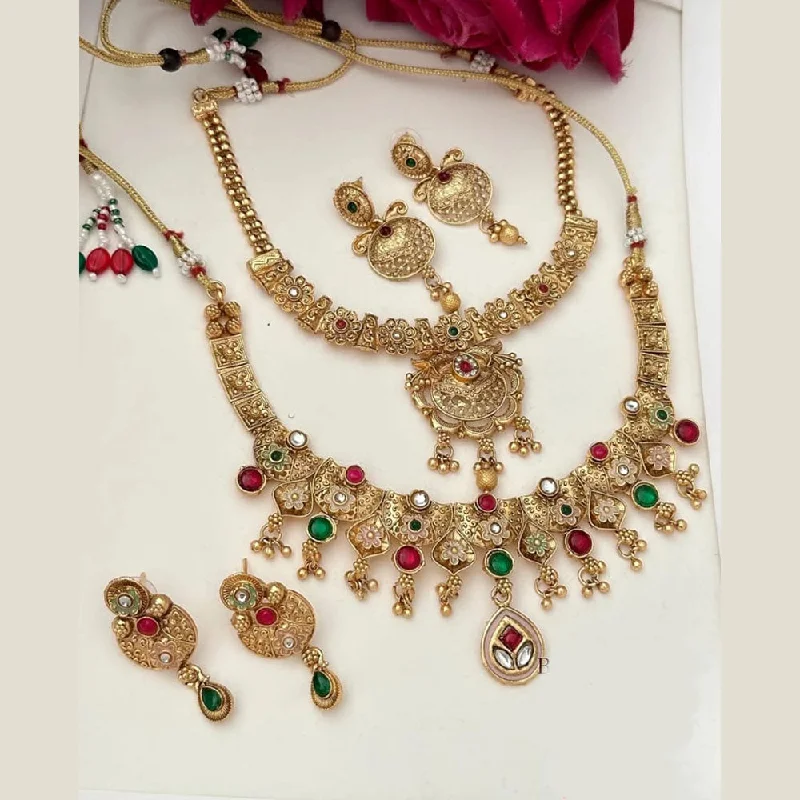 women’s unique necklaces-FS Collection Gold Plated Pota Stone Double Necklace Set