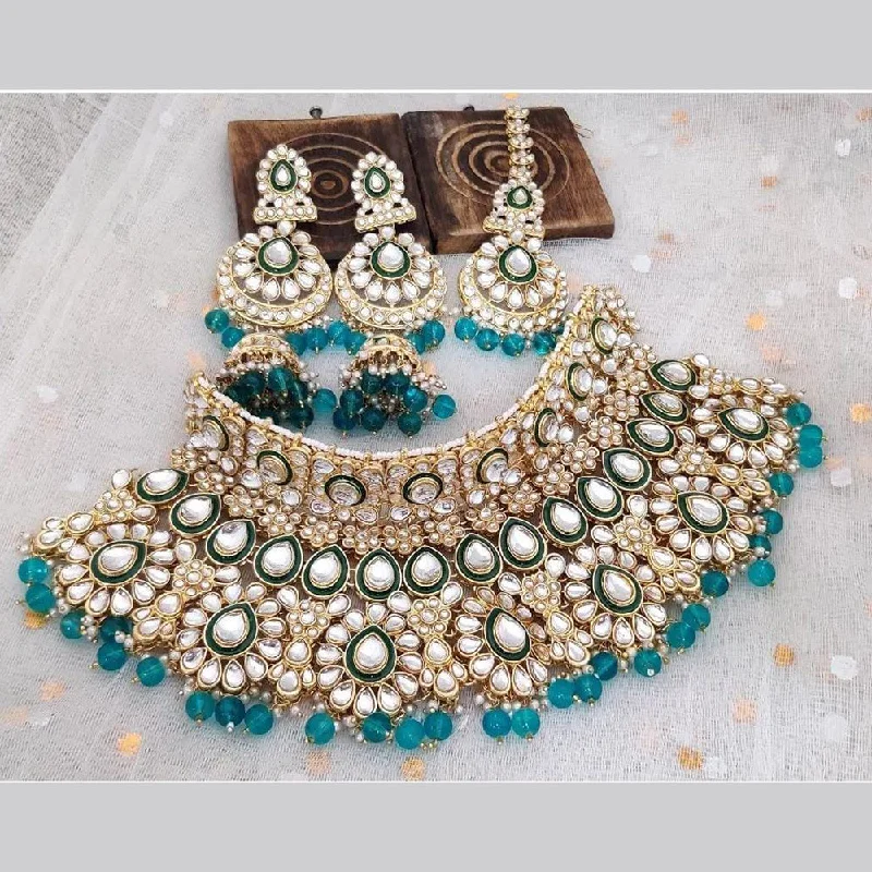 women’s affordable necklaces-India Art Gold Plated Kundan and Beads Necklace Set