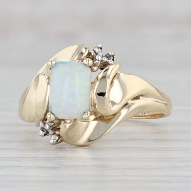 women’s wedding and engagement rings-Lab Created Opal Diamond Ring 14k Yellow Gold Size 7.5 Bypass