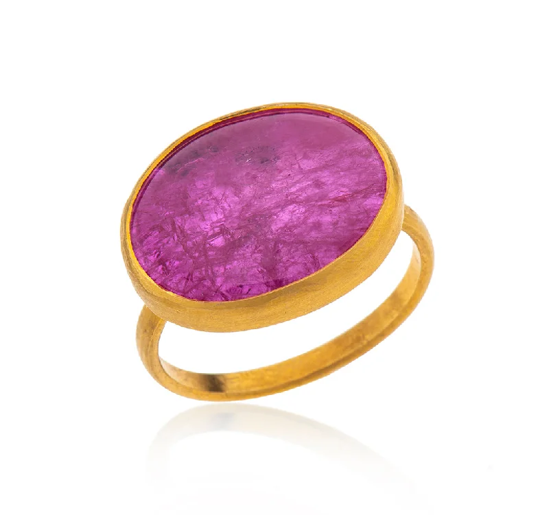 women’s silver rings-Nava Zahavi Yellow Gold Pink Tourmaline Oval Ring