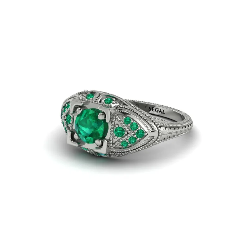 women’s custom engagement rings-Round Emerald Filigree Art Deco Vintage Engagement Ring - Bree No. 21