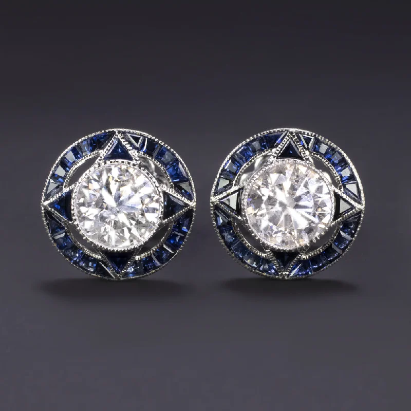 women’s birthday earrings-1.40ct DIAMOND SAPPHIRE STUD EARRINGS VINTAGE STYLE TARGET CALIBRE NATURAL ROUND