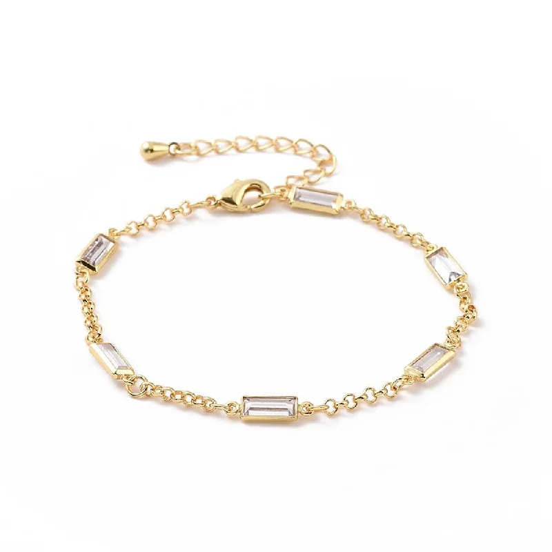 women’s sterling silver bracelets-Dainty Rolo Link with Clear Rectangle Diamond Bracelet