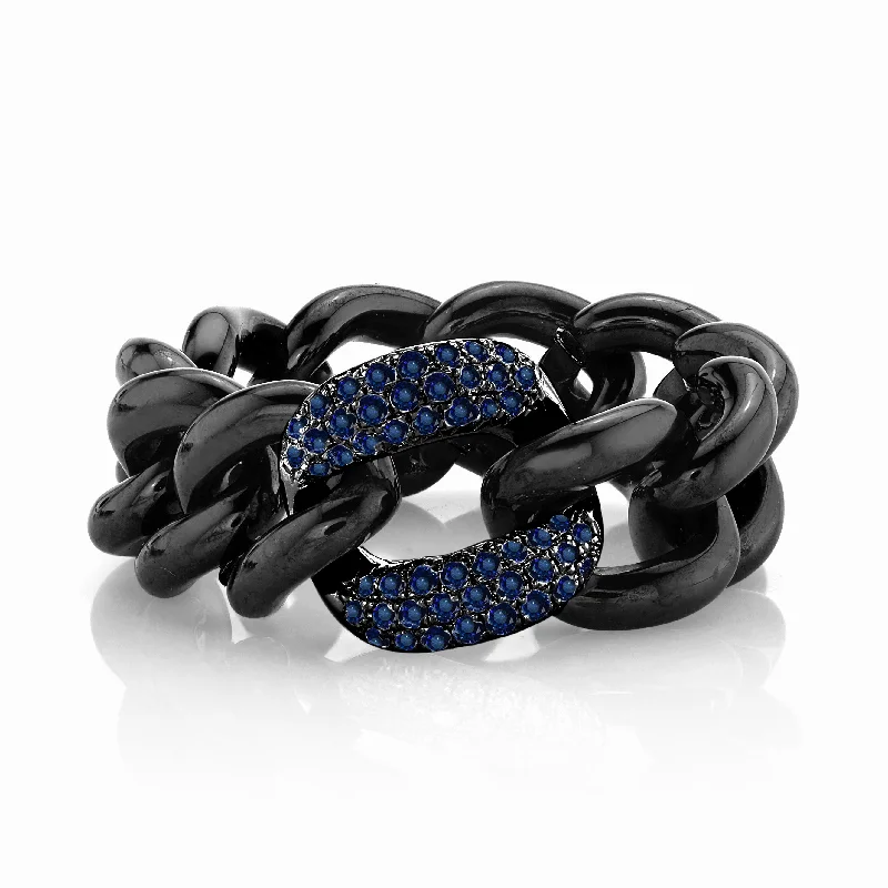 women’s eternity rings-MEN'S BLUE SAPPHIRE  & BLACK CERAMIC MEDIUM LINK RING