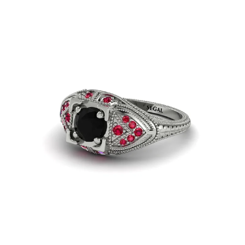 women’s simple engagement rings-Round Black Diamond Filigree Art Deco Vintage Engagement Ring - Bree No. 54