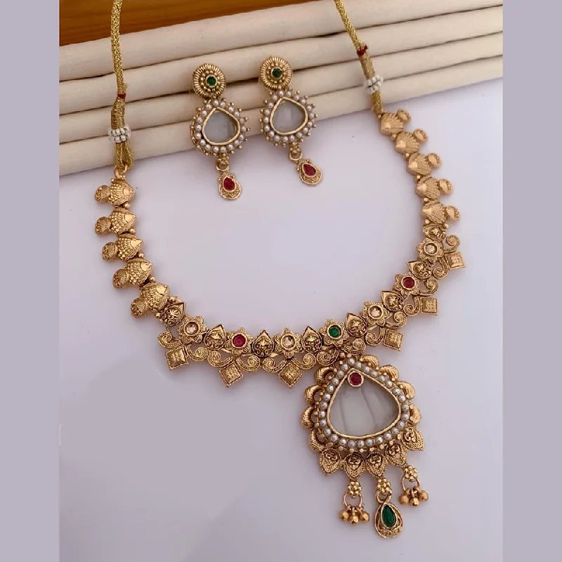 women’s personalized gold necklaces-FS Collection Gold Plated Pota Stone And Pearls Necklace Set