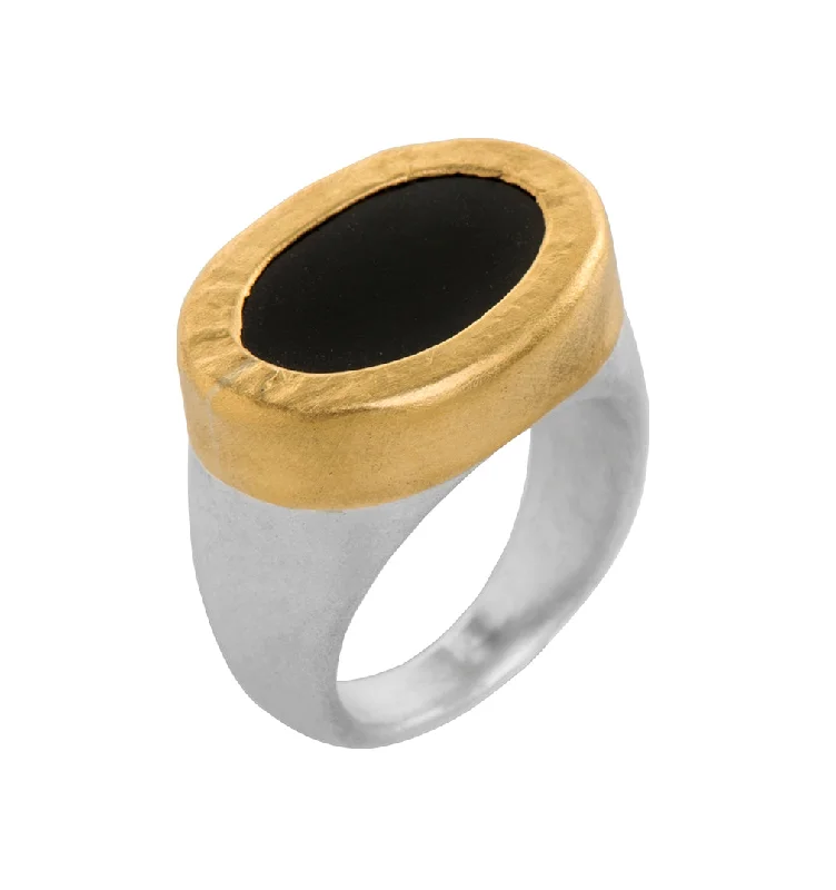 women’s white gold rings-Nava Zahavi Yellow Gold Onyx Lovers Ring