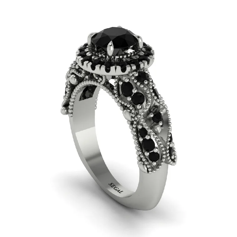 women’s white gold engagement rings-Exclusive Halo Black Diamond Milgrain Engagement Ring - Kendra No. 39