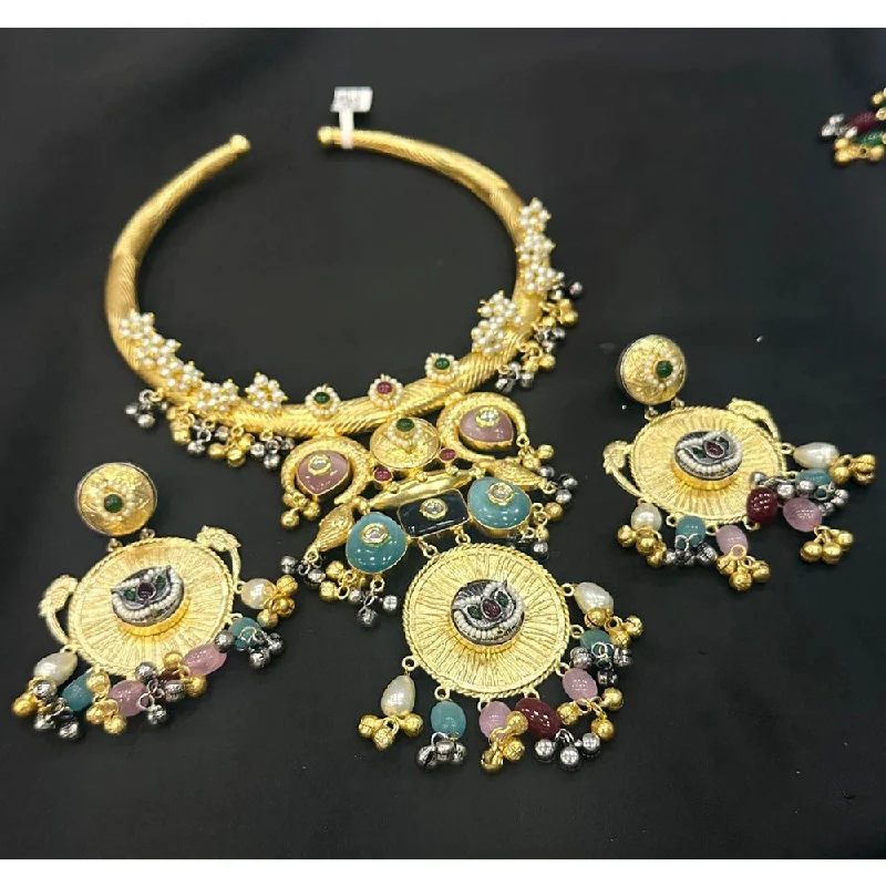 women’s handmade necklaces-Akruti Collection Gold Plated Pota Stone And Pearls Necklace Set