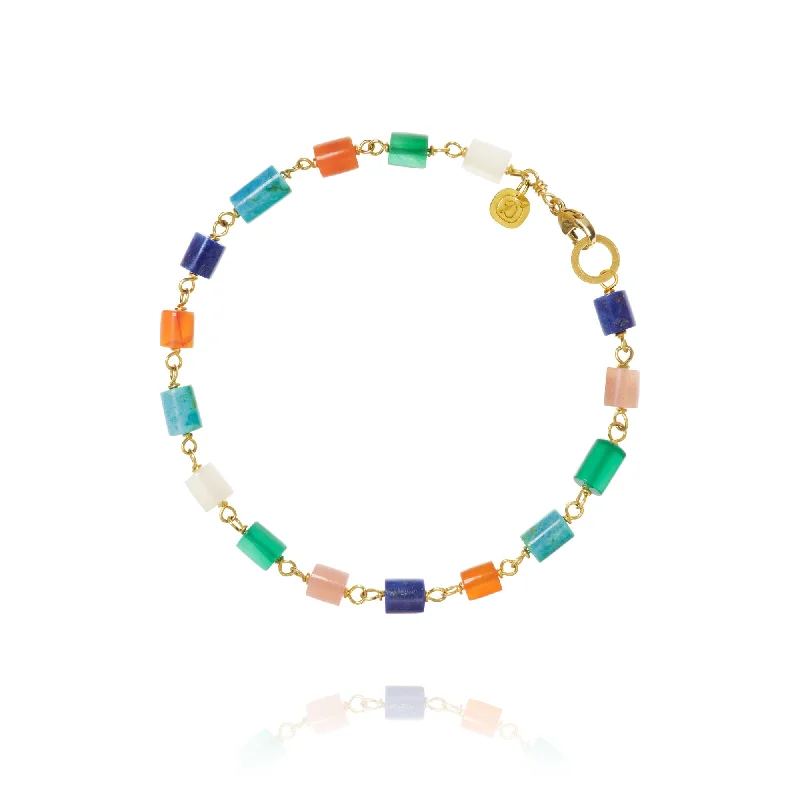 women’s silver bracelets-Piccolo Holiday Limited Edition 18K Gold Bracelet w. Moonstone, Onyx, Carnelian, Turquoise & Lapis