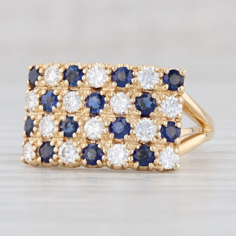 women’s cushion diamond engagement rings-1.70ctw Blue Sapphire White Diamond Ring 18k Yellow Gold Size 6 Pave Cocktail