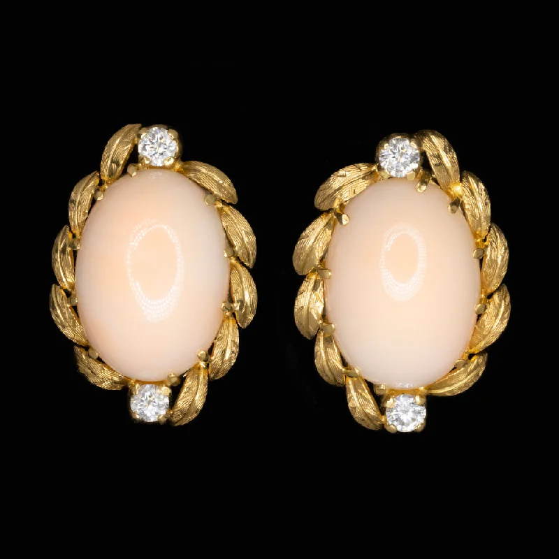 women’s pearl earrings-VINTAGE 18k YELLOW GOLD ANGEL SKIN CORAL DIAMOND EARRINGS OVAL STUD HANDMADE