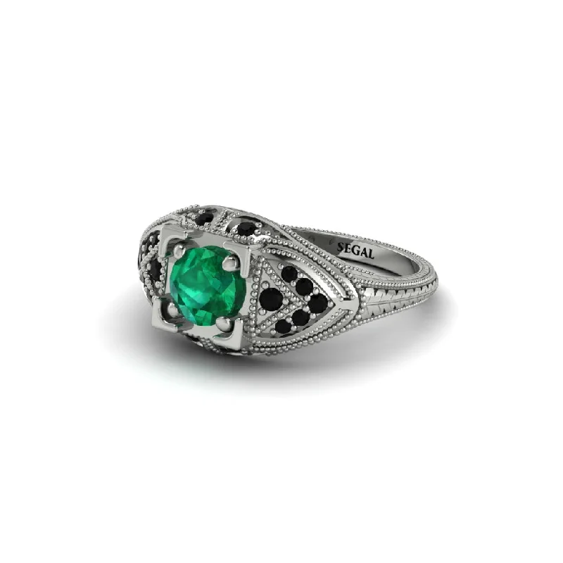 women’s white sapphire engagement rings-Round Emerald Filigree Art Deco Vintage Engagement Ring - Bree No. 36