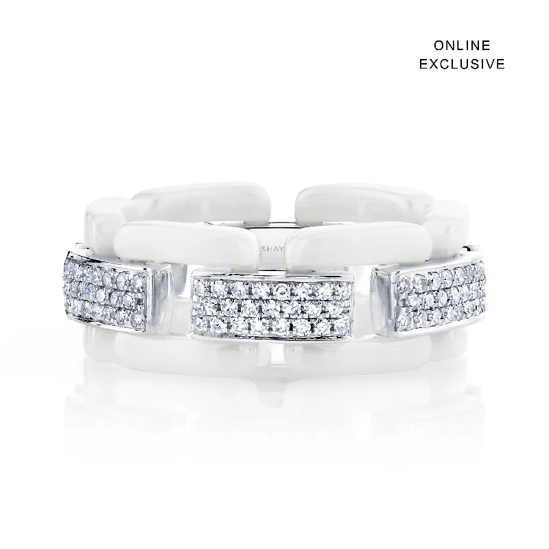 women’s platinum rings-DIAMOND PAVE WHITE CERAMIC DECO LINK RING