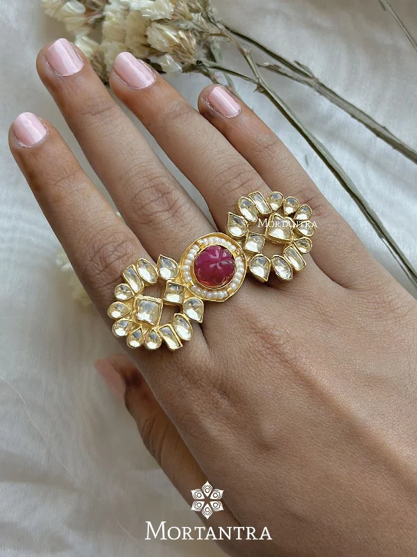 women’s halo engagement rings-Pink Color Gold Plated Jadau Kundan Ring - MRNG90YP