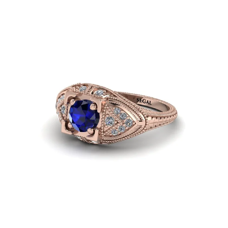 women’s cushion cut engagement rings-Round Sapphire Filigree Art Deco Vintage Engagement Ring - Bree No. 14