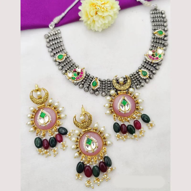 women’s delicate gold necklaces-Fancyla 2 Tone Plated Kundan Stone And Pearls Necklace Set