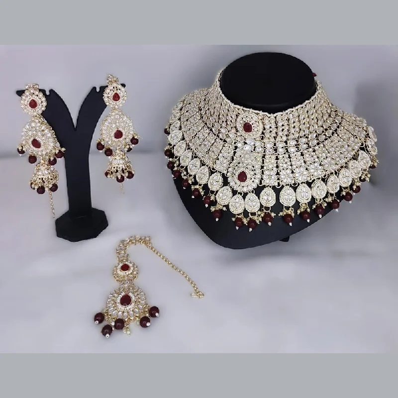 women’s crystal necklaces-Gehana Mahal Gold Plated Kundan Stone Semi Bridal Necklace Set