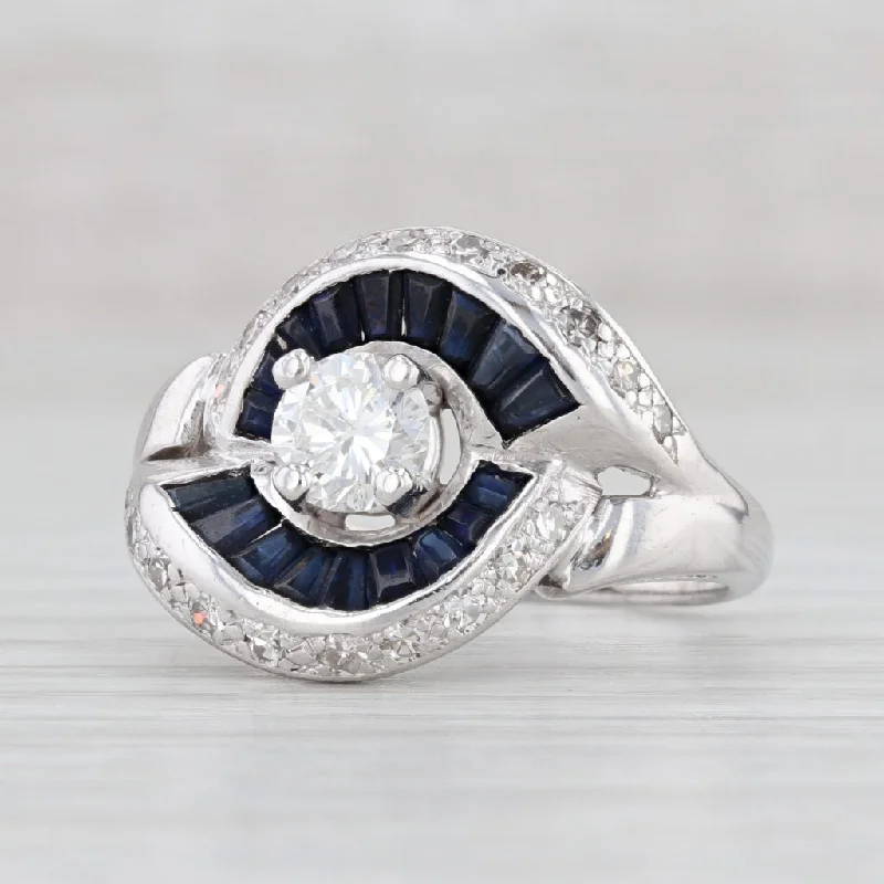 women’s engagement rings with matching wedding bands-Vintage 1.47ctw Blue Sapphire Round Diamond Ring White Gold Size 6.75