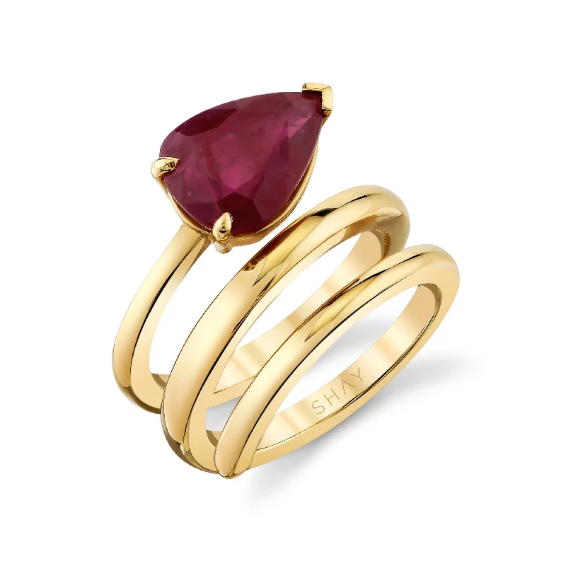 women’s trendy rings-READY TO SHIP RUBY PEAR SOLID GOLD SPIRAL PINKY RING