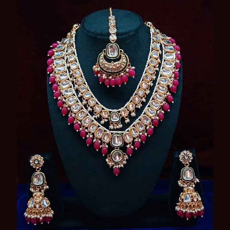 women’s layered diamond necklaces-Lucentarts Jewellery Gold Plated Kundan Stone And Beads Necklace Set