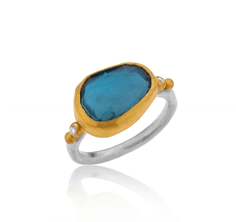 women’s silver engagement rings-Nava Zahavi Yellow Gold Blue Topaz and Diamonds Ring