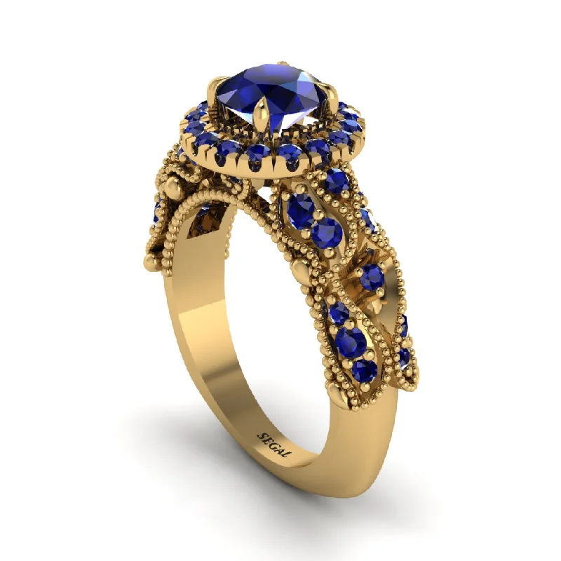 women’s vintage diamond engagement rings-Exclusive Halo Sapphire Milgrain Engagement Ring - Kendra No. 73