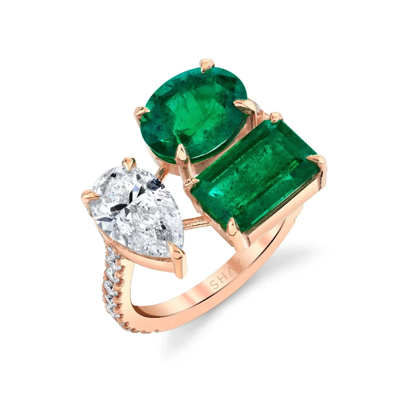 women’s wedding rings with emeralds-EMERALD & DIAMOND PEAR TRIPLE THREAT RING