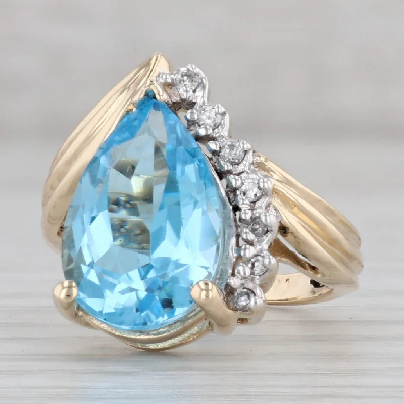 women’s trendy engagement rings-7.30ctw Teardrop Blue Topaz Diamond Ring 14k Yellow Gold Size 5 Cocktail